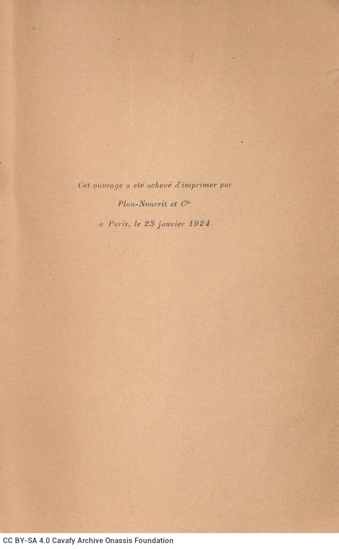 19 x 12 εκ. 10 σ. χ.α. + 255 σ. + 5 σ. χ.α., όπου στη ράχη η τιμή του βιβλίου “7 fr. 50�